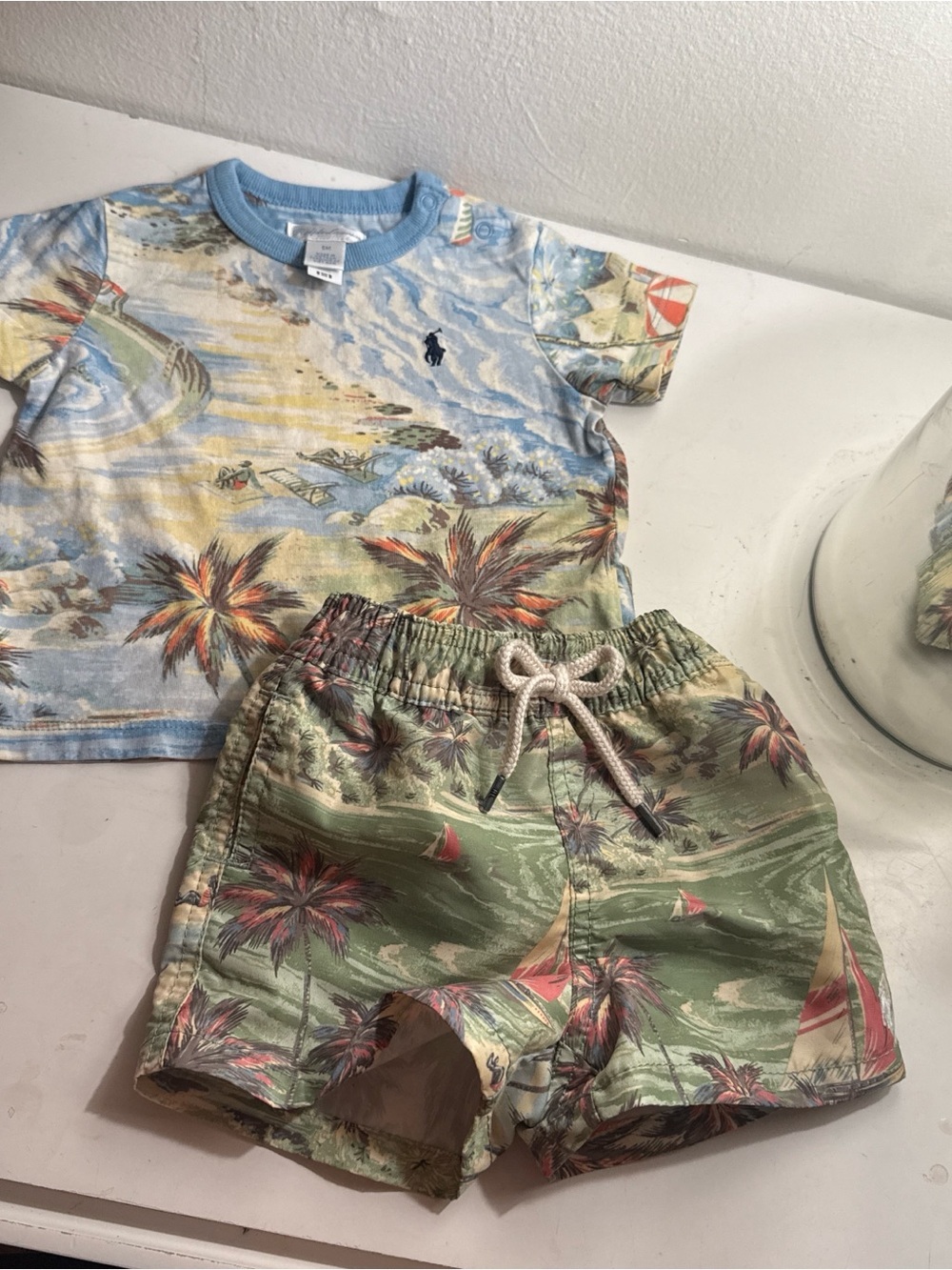Polo by Ralph Lauren Kids Palm & Sailboat Swim Trunks - Green, Coral, Blue